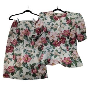 Stuart Alan Vintage 90s Floral Peplum Top and Skirt Set Pink Cream USA 12